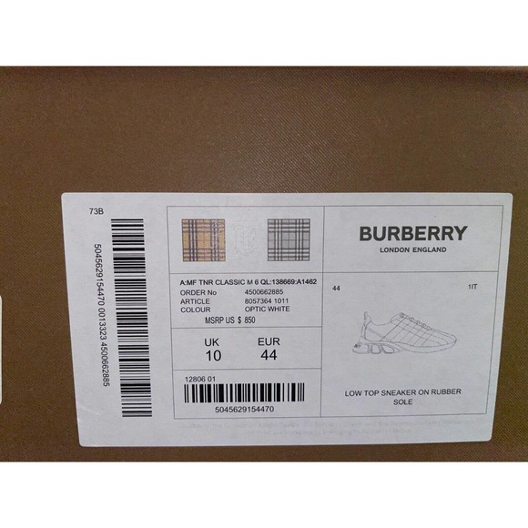 $850 BURBERRY AXBURTON WHITE CHECK QUILTED LEATHER LOGO SNEAKERS 11 US 44 ITALY - Picture 15 of 15